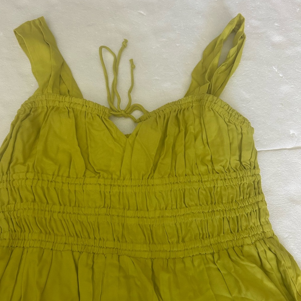 Topshop Channeled mini dress in chartreuse yellow tie front elastic waist - Picture 7 of 13